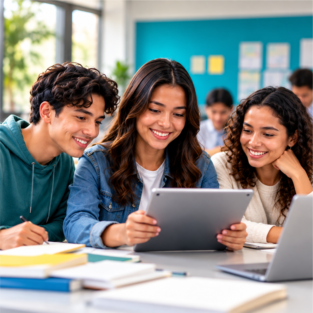 Estudiantes aprendiendo juntos con tecnología