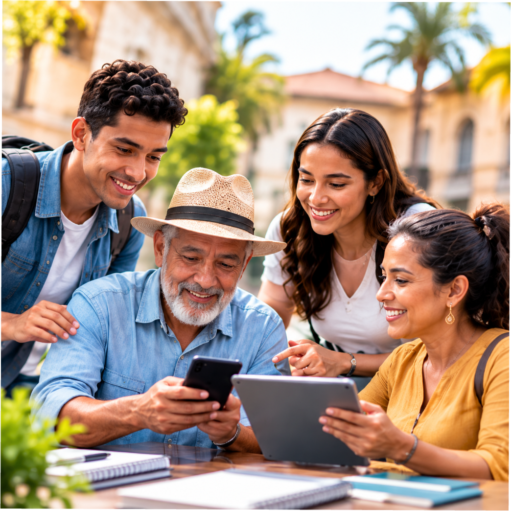 Personas de una comunidad aprendiendo con dispositivos digitales